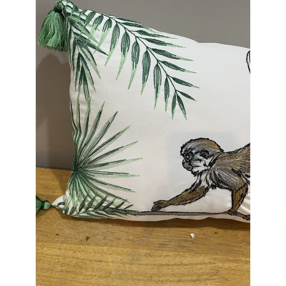 Pier 1‎ Monkey Palm Trees Throw Pillow 20x12 Green Brown Embroidered Tassels